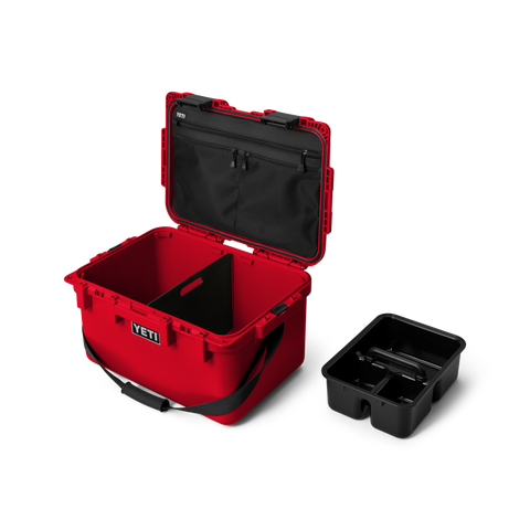 Yeti Loadout GoBox 30 Gear Case in rescue red with lid open showing caddy