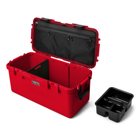 Yeti Loadout GoBox 60 Gear Case in rescue red with lid open showing caddy