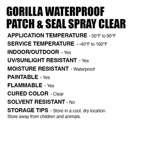 Gorilla waterproof patch & seal showing specs