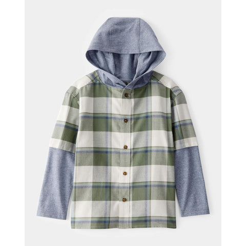 Boys' Plaid Layered-Look Button-Down Hooded Tee 3T282010