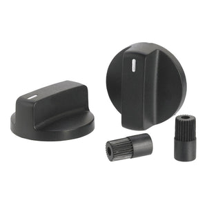 Black plastic gas grill control knobs with plugs