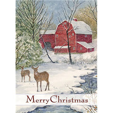 Red Barn And Deer Christmas Card Outside