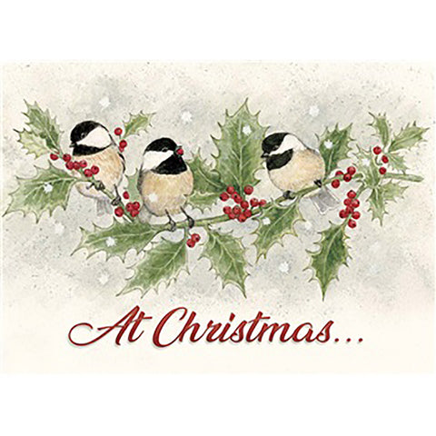 Chickadees And Holly Christmas Card Outside