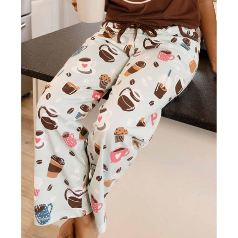 Woman wearing Lazy One Coffee First women's pajama pants