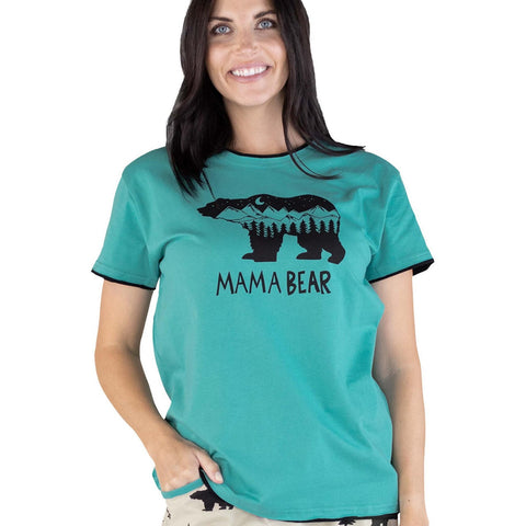 Woman wearing Lazy One Mountain Mama Bear women's pajama tee shirt