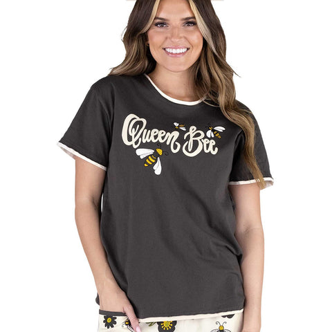 Woman wearing Lazy One Queen Bee women's pajama tee shirt