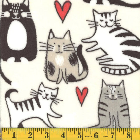 Cats and Hearts Print Fleece Flannel Fabric 141389