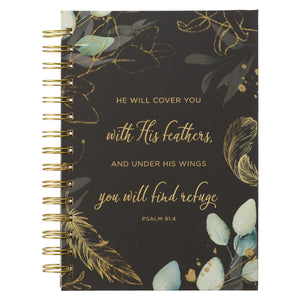 Christian Art Gifts Find Refuge Black and Gold Feather Large Wirebound Journal - Psalm 91:4 JLW129