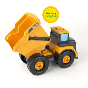 John Deere Build-A-Buddy Yellow Dump Truck 2-in-1 Toy with Toy Drill 47508 working dump bed