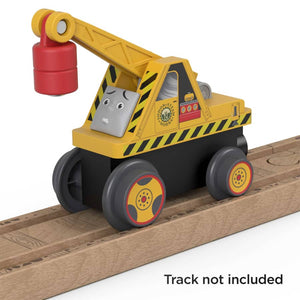 Kevin the Crane toy on wooden railroad (not included)