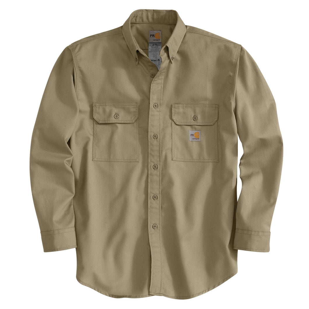 Carhartt FR shirt, khaki collor, button down. Carhartt log on front shirt pocket.