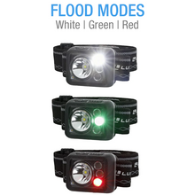 LuxPro Multi-Color Rechargeable Headlamp showing flood modes