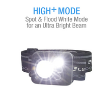 LuxPro Multi-Color Rechargeable Headlamp showing High Plus mode