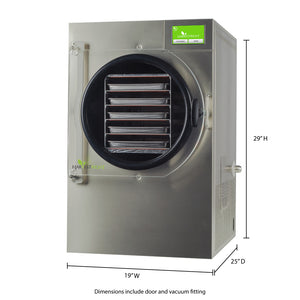 Harvest Right Home Pro Medium Freeze Dryer in stainless steel, showing dimensions