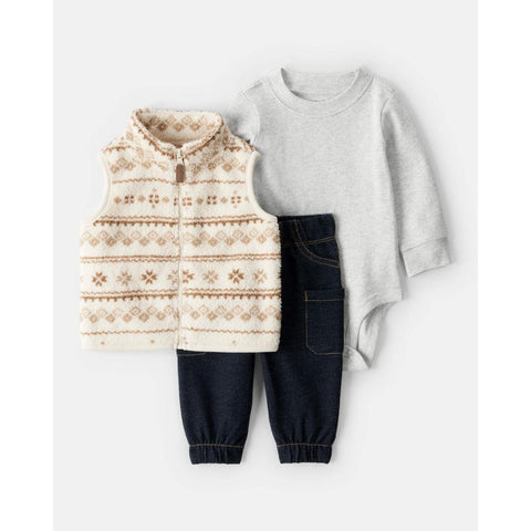 Baby Boy 3-Piece Fair Isle Sherpa Vest Outfit Set 1U045310