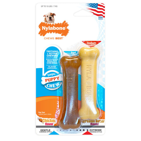 Puppy Chew Teething Bone Dog Toy Chicken & Peanut Butter Flavor X-Small 2 Pack