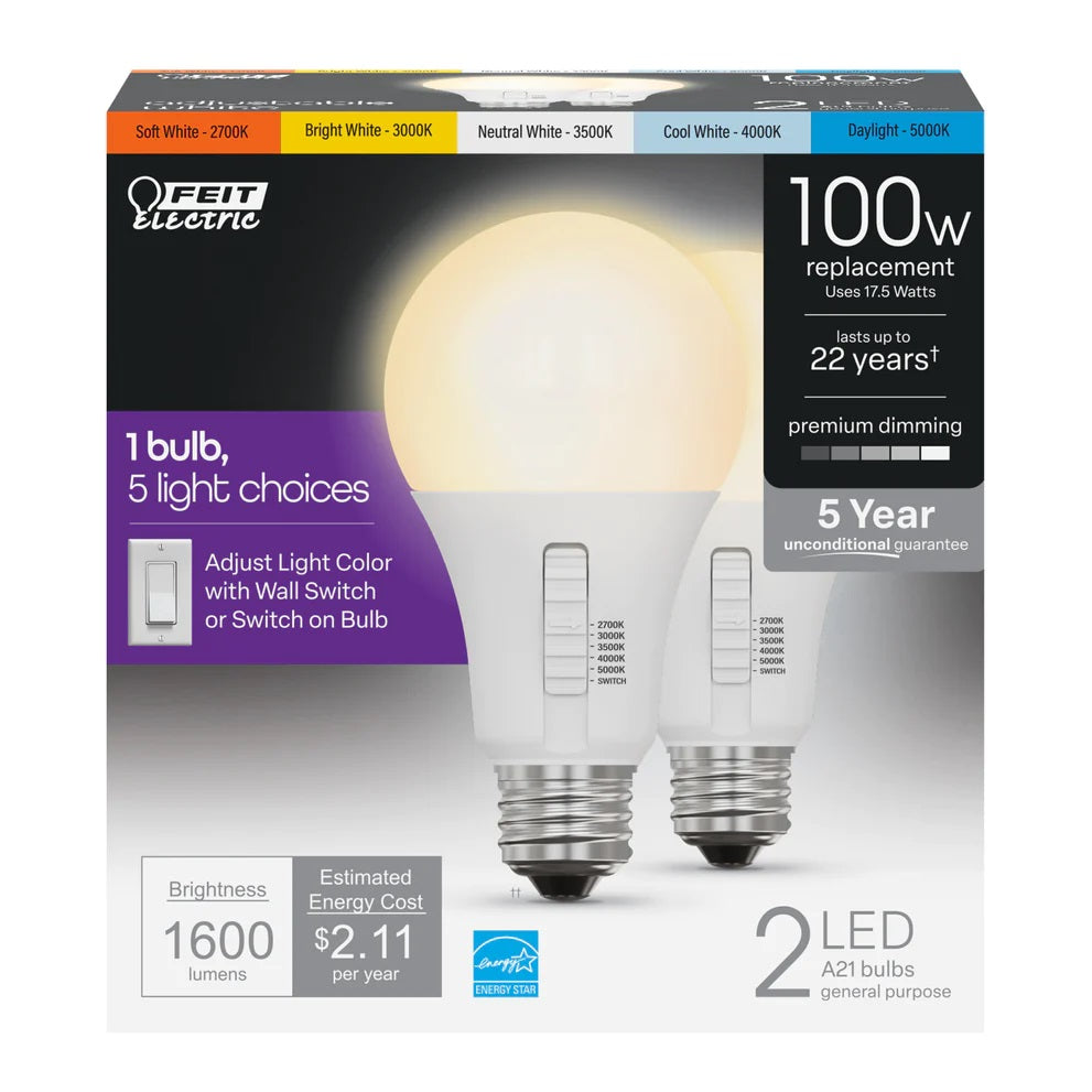 2-Pack 100W Selectable White LED Light Bulb OM100DM/6WYCA/2