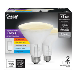 2-Pack 75W Adjustable White PAR30 LED Light Bulbs PAR30DM/6WYCA/2