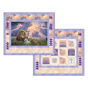 THE LION AND THE LAMB PATTERN FLYING HOME one quilt with a lion and a lamb and one with bible verse blocks