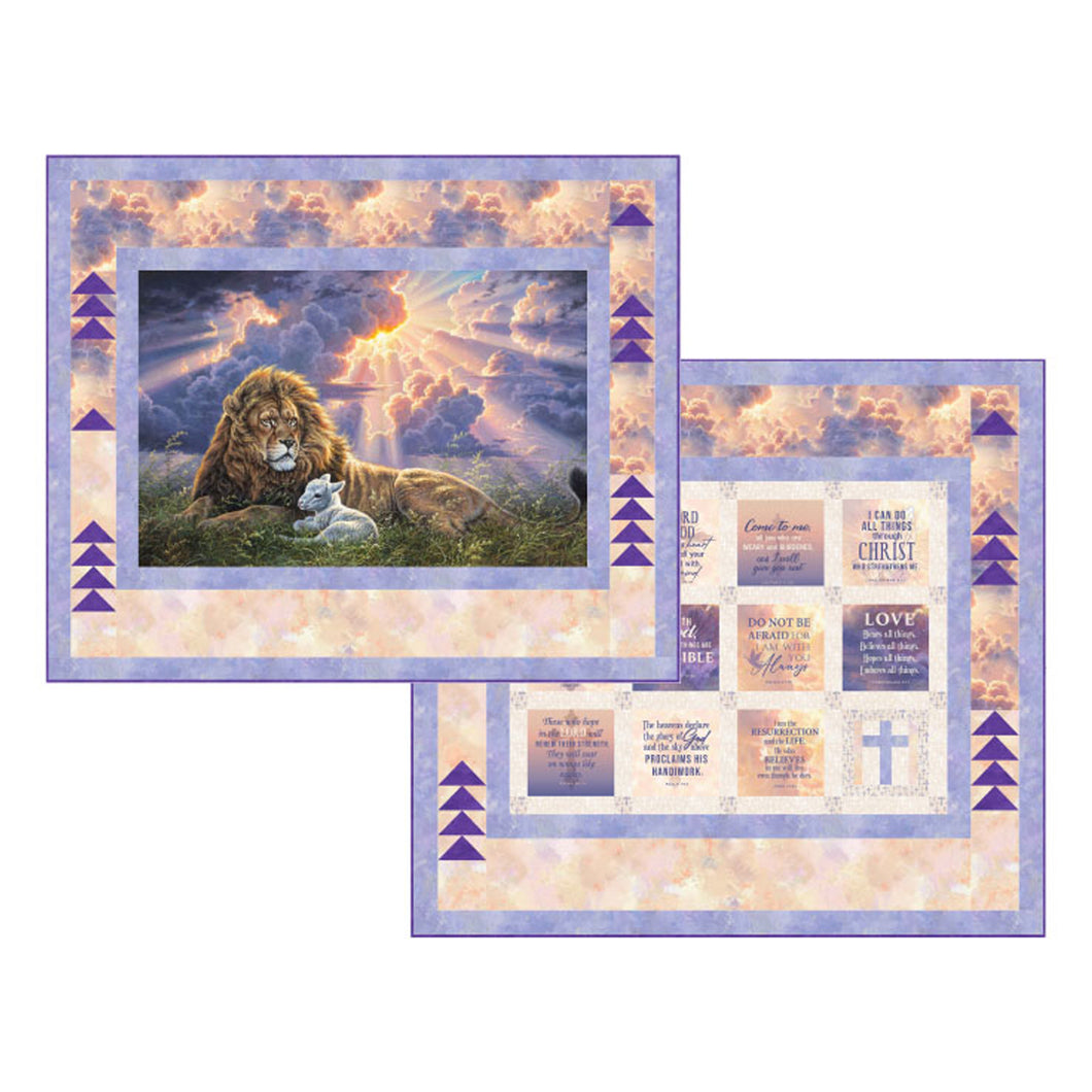 THE LION AND THE LAMB PATTERN FLYING HOME one quilt with a lion and a lamb and one with bible verse blocks
