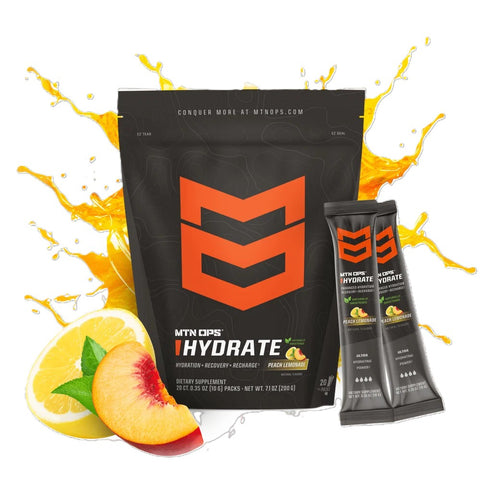MTN OPS Hydrate energy drink mix in peach lemonade