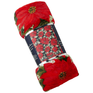 Poinsettia Christmas throw blanket rolled up in package