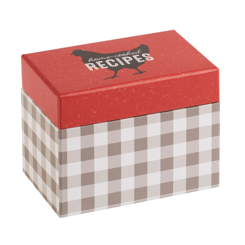 Closed box with plaid design and red lid with chicken emblem and "home-cooked recipes" on top