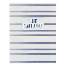 Closed white meal planner with horizontal blue stripes