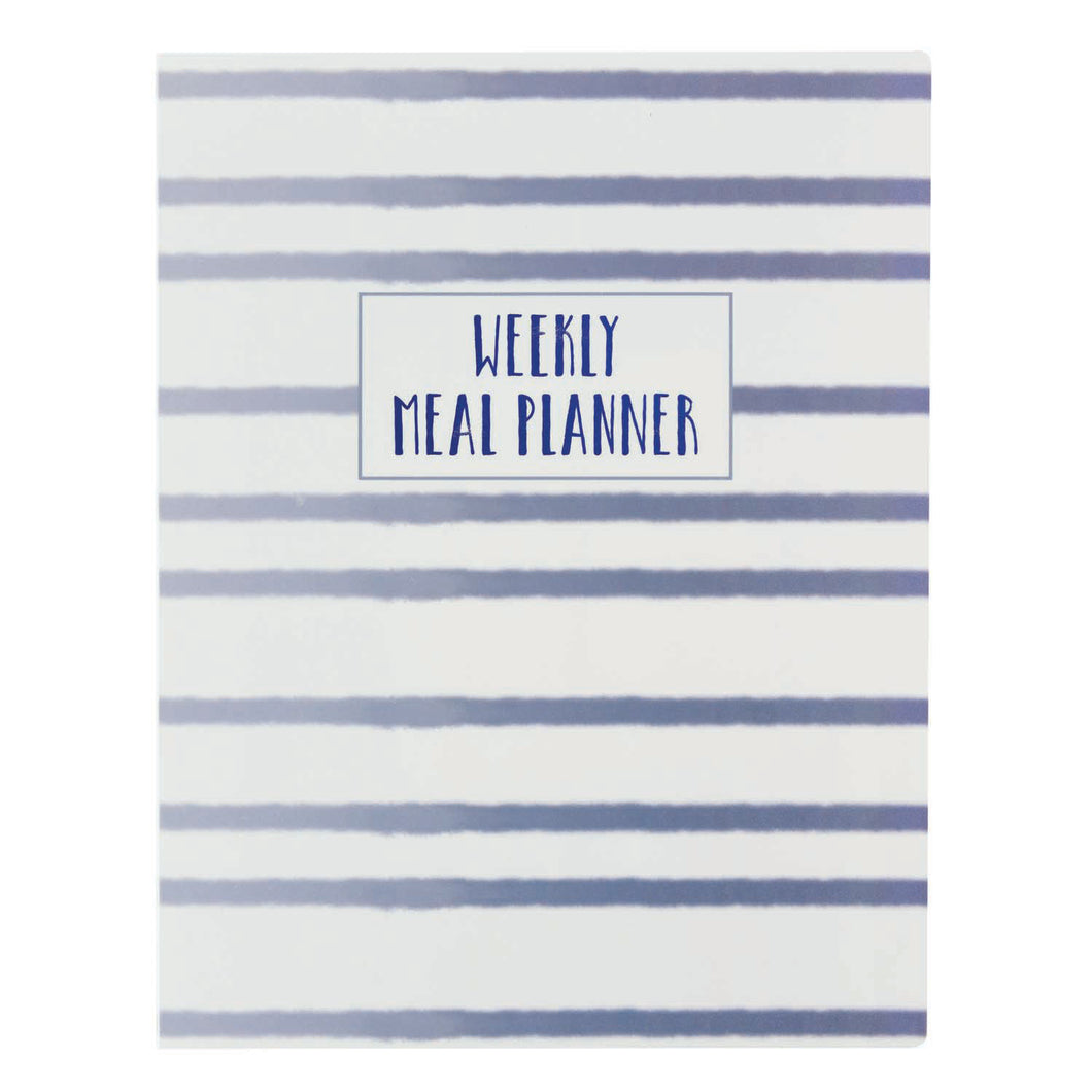 Closed white meal planner with horizontal blue stripes