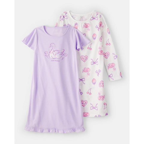 Girls' Swan Floral Loose Fit Night Gown - Purple/White 3U088010