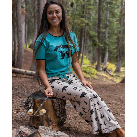 Woman wearing Lazy One Mountain Bear women's pajama pants