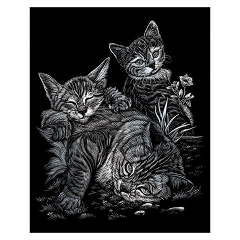 Silver Engraving Tabby Cat & Kittens SILF-13