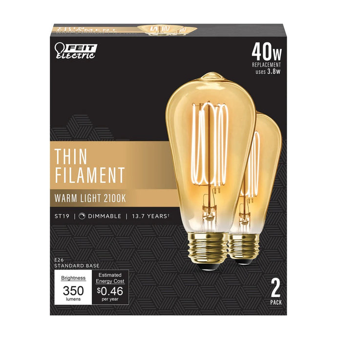 Warm Light 2-Pack 40W ST19 LED Thin Filament Vintage Edison Light Bulbs ST1940