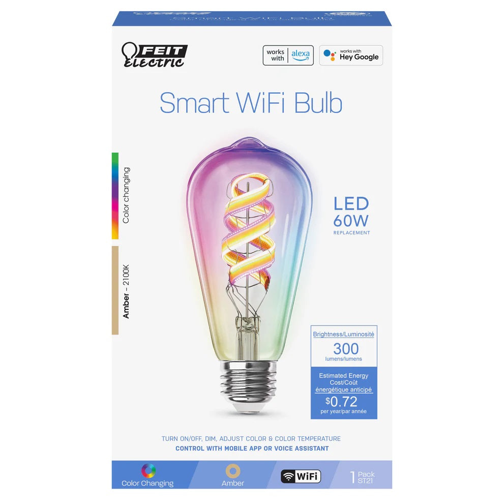 Feit 60W ST21 LED Smart WiFi Color Changing Spiral Filament Light Bulb ...