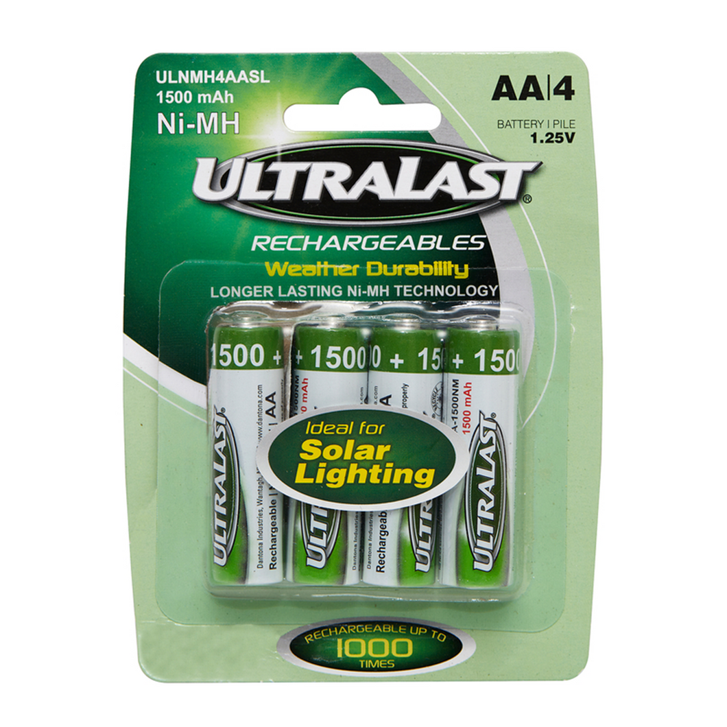 Solar Rechargeable AA Battery 1.2 Volt 1.5 mAh 4 pk ULNMH4AASL