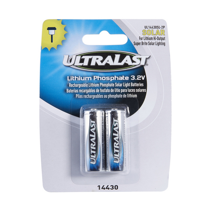 Solar Rechargeable Lithium Phosphate 14430 3.2 Volt 0.4 mAh 2 pk UL14430SL