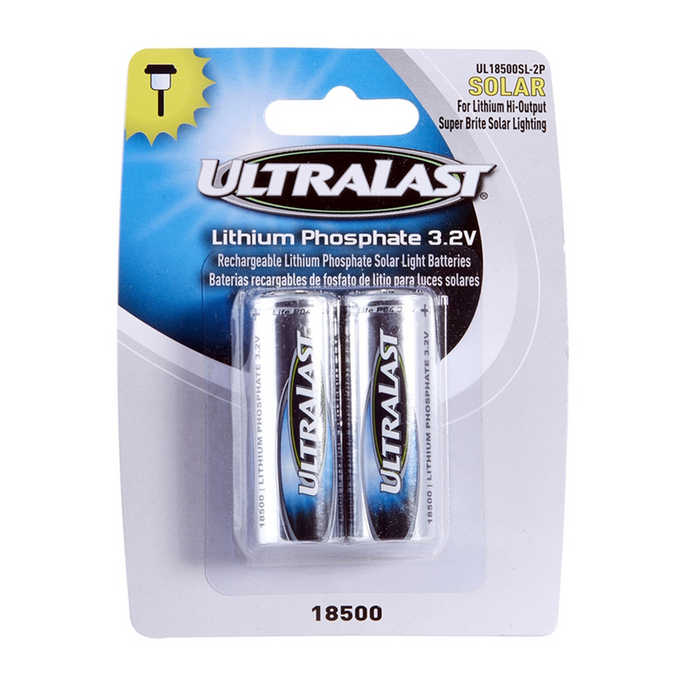 Solar Rechargeable Lithium Phosphate Battery 3.2 V 1 mAh 2 pk UL18500S