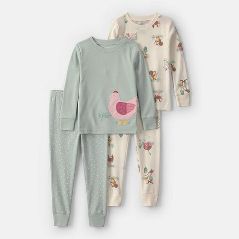Toddler Girl's 4-Piece Chicken Print Pajama Top & Pajama Bottoms Set 2W132710