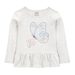 Toddler Girls' Butterfly Jersey Long-Sleeve Peplum Top - Grey 2S013010