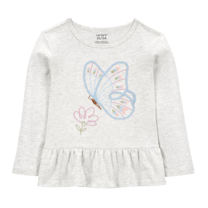 Toddler Girls' Butterfly Jersey Long-Sleeve Peplum Top - Grey 2S013010