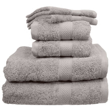 Gray bath towels, hand towels, and wash cloths.