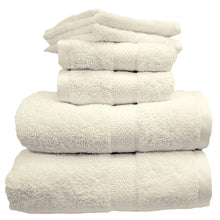 Ivory bath towels, hand towels, and washcloths.