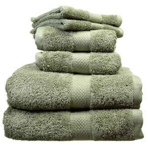 Moss washcloths, bath towels, and hand towels.