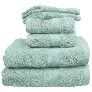 Spa Green washclothes, hand towels, and bath towels.