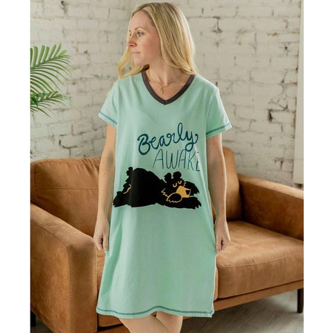Woman wearing Lazy One Bearly Awake women's nightshirt