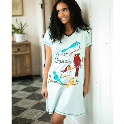 Woman wearing Lazy One Tweet Dreams women's nightshirt