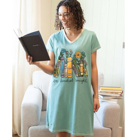 Woman wearing Lazy One Booked women's nightshirt
