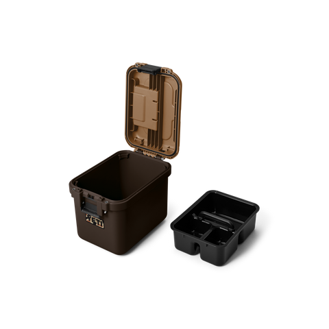 Yeti LoadOut GoBox 15 gear case in Wetlands Brown open, showing caddy