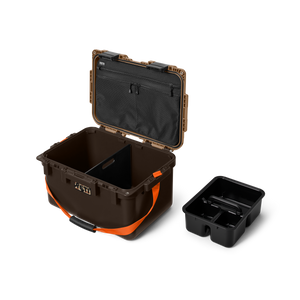 Yeti LoadOut GoBox 30 gear case in Wetlands Brown showing caddy