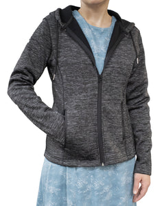 lady wearing a Welsh Mountain Women's Fleece Lined Hoodie, charcoal color